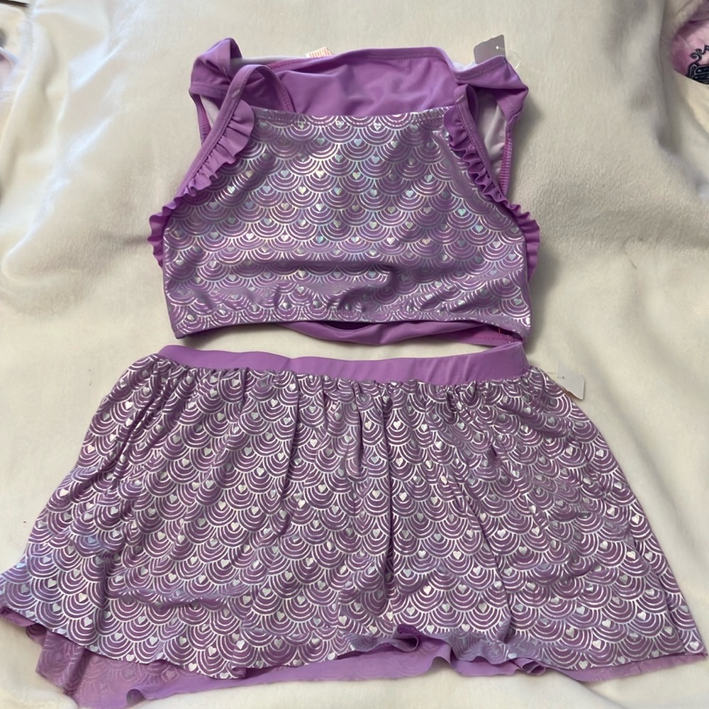 NWT Cat & Jack Purple/silver 3 piece Swim Bikini + Skirt girls 10/12